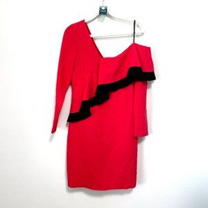 45.) Black Halo Tava Dress Coral Red with Custom Black Pleated Trim- Size 6